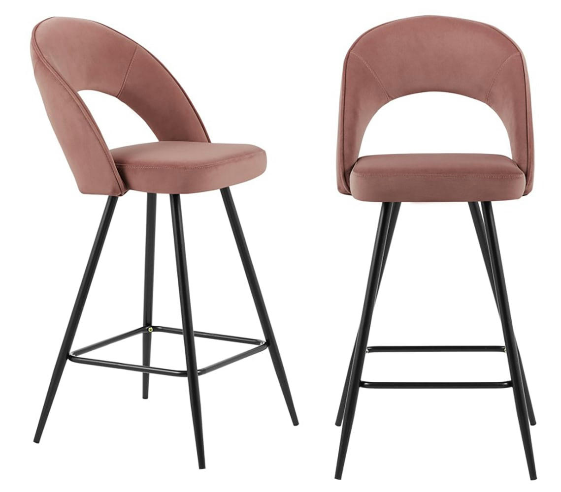 BASILE - Lot de 2 tabourets en velours vieux rose piètement noir