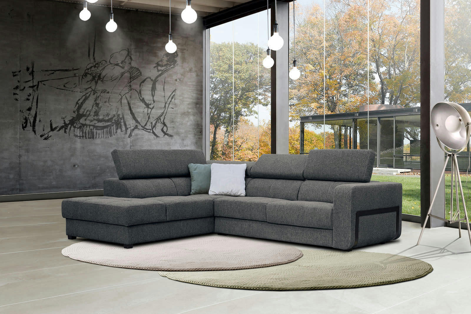 BERGO - Canapé d'angle gauche 5 places en tissu gris foncé avec coussins déco