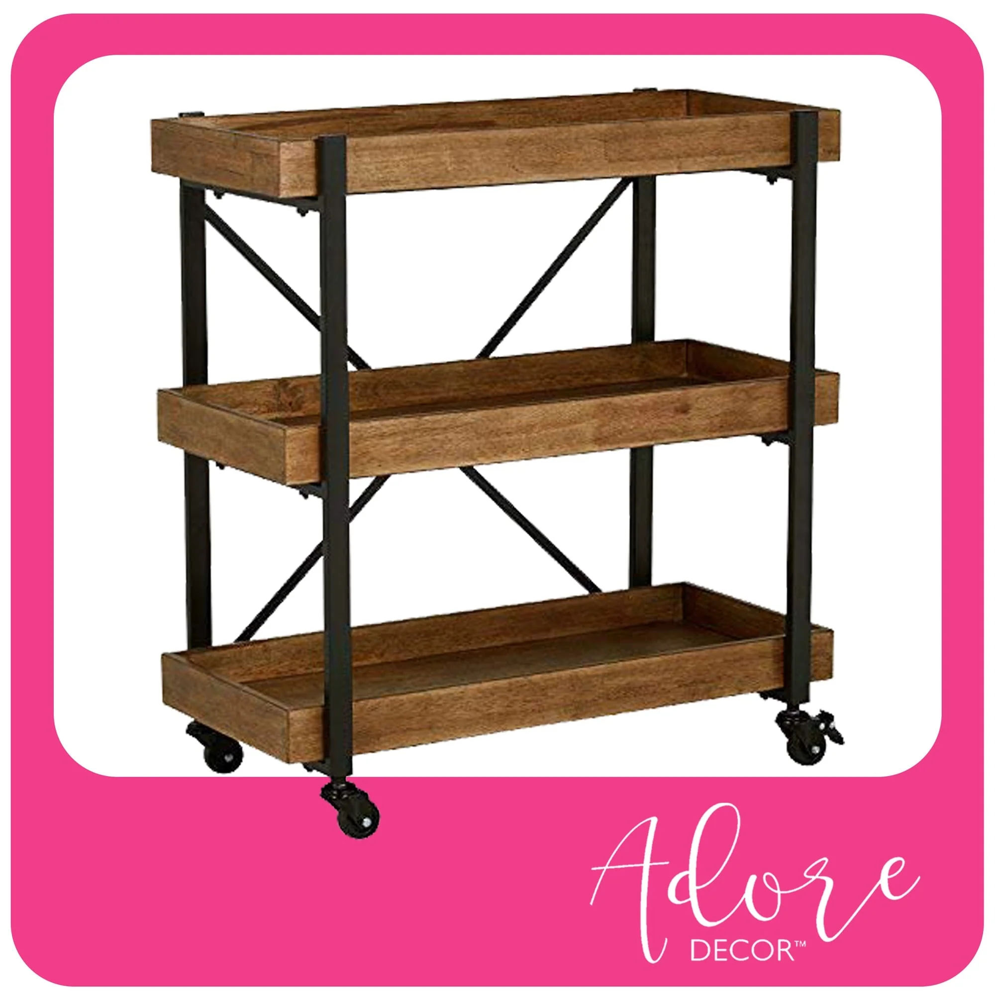 Adore Decor Riley Bar Cart, 3-Tier Wood and Metal Rolling Kitchen Tray
