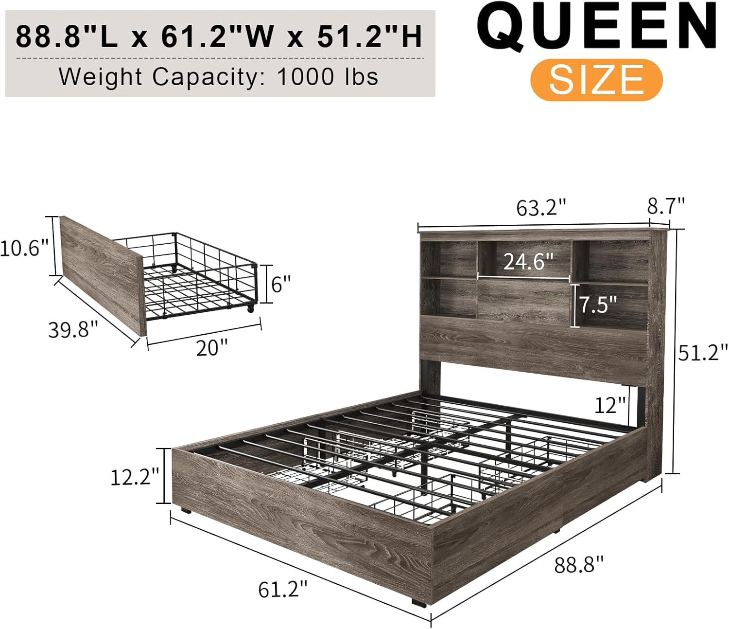 Queen Size Bed Frame with LED Bookcase Headboard, Wooden Storage Bed with Charging Station & 4 Drawers, No Box Spring Needed/Noise-Free/Rustic Grey