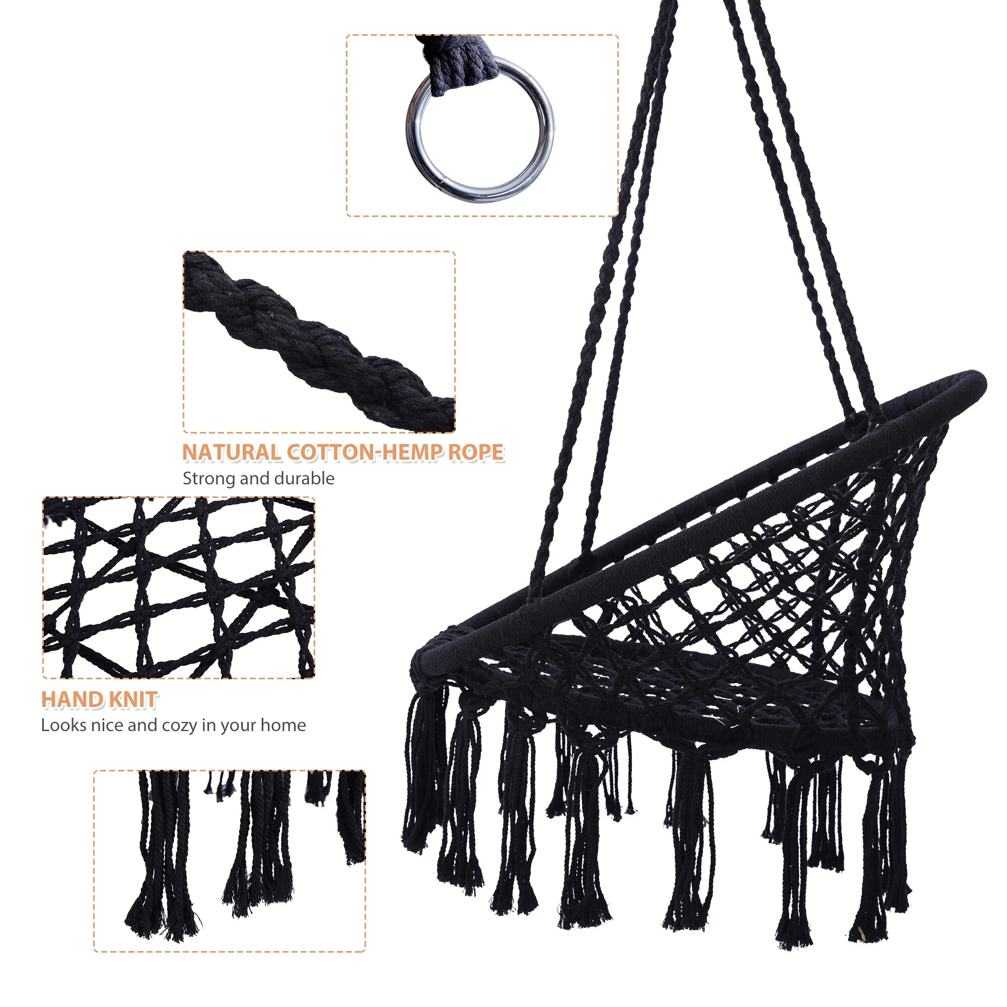 Metal Frame Macrame Hammock Swing with 330lb Capacity Cotton Rope Chair for Indoor/Outdoor