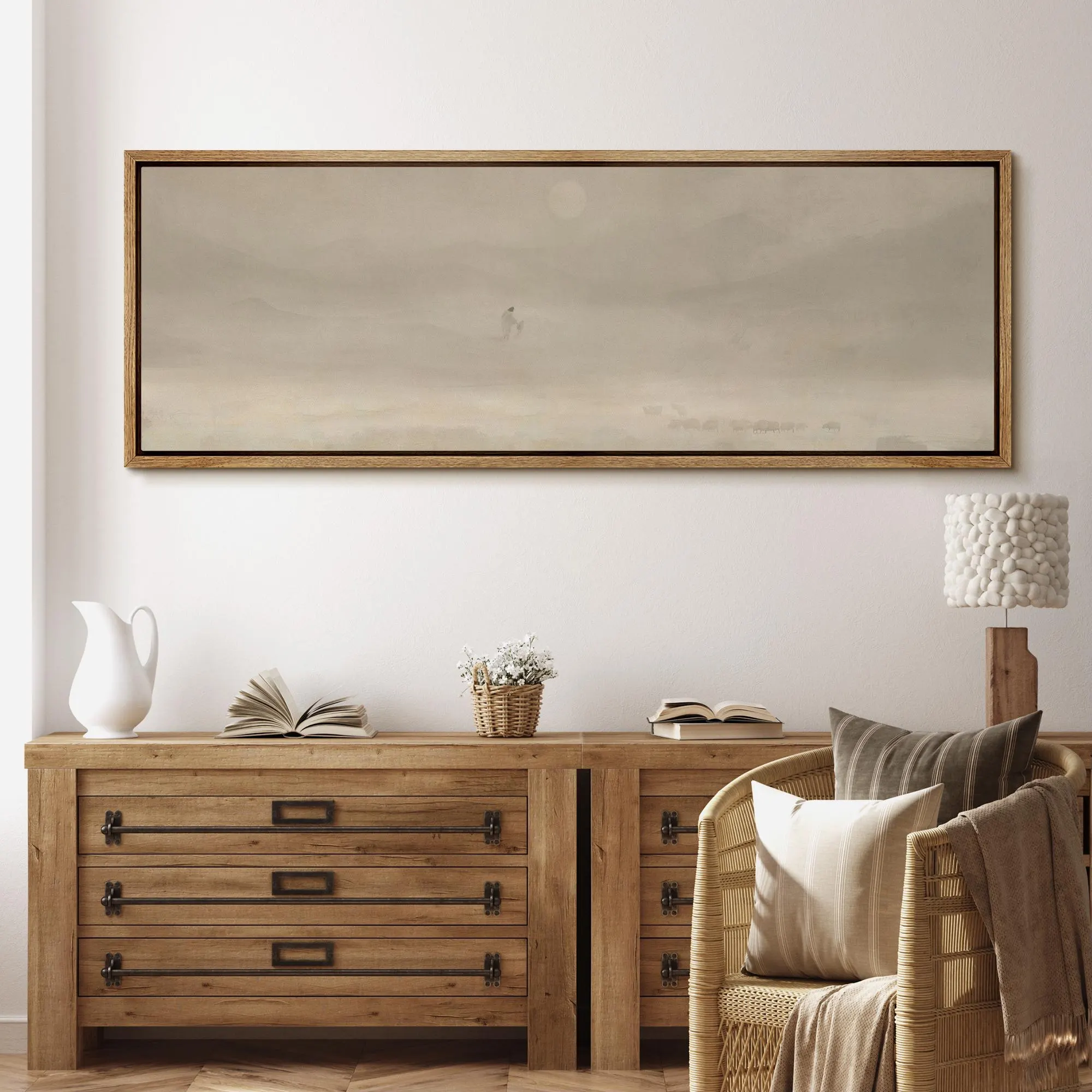 Jesus & Sheep Wall Art - Large Framed Minimalist Christian Canvas Prints, Pastoral Abstract Landscape in Soft Neutrals for Church Decor
