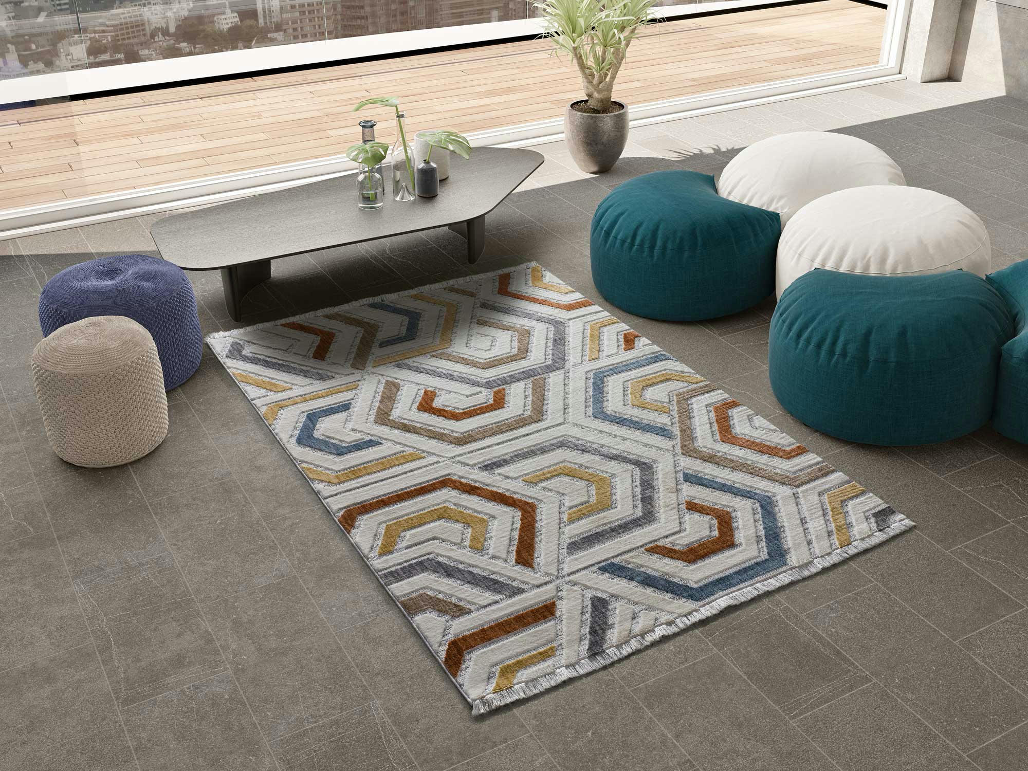 BROADWAY - Tapis géométrique avec relief et franges, multicolore, 77X150 cm