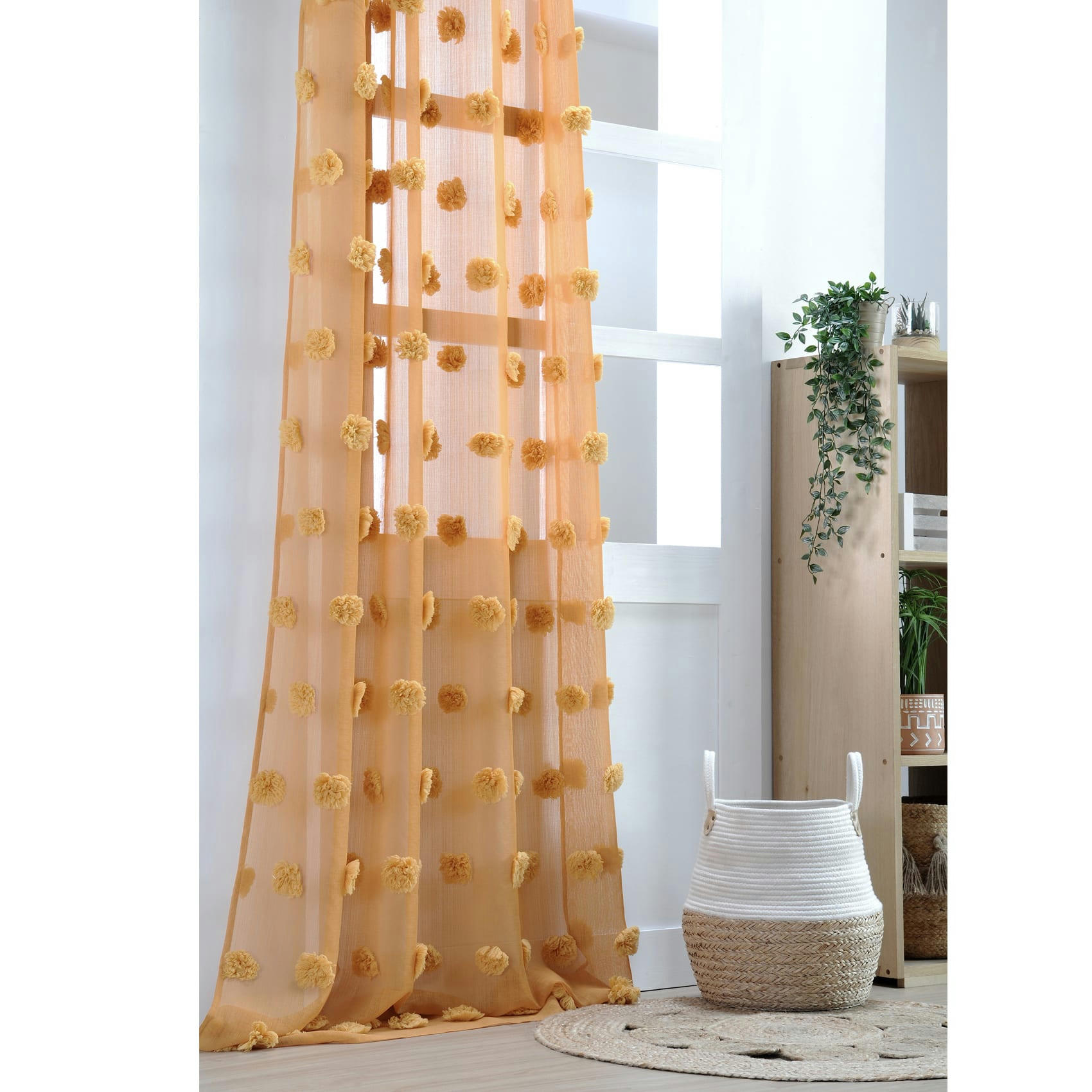 - Voilage fantaisie à pompons polyester jaune moutarde 140x260 cm