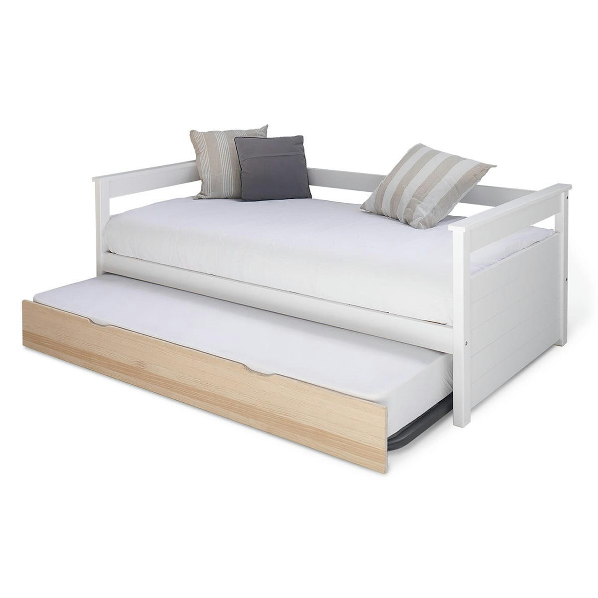 IZAO - Pack lit gigogne avec 2 matelas 80x190 cm bois massif blanc et bois