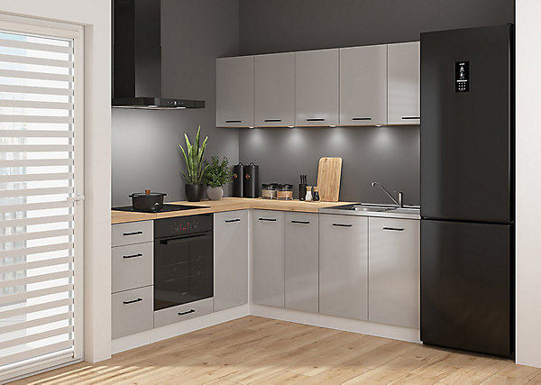 Cuisine d'angle complète 200x200 cm, Meubles de cuisine modulables coloris Gris clair brillant/Blanc, plan de travail inclus