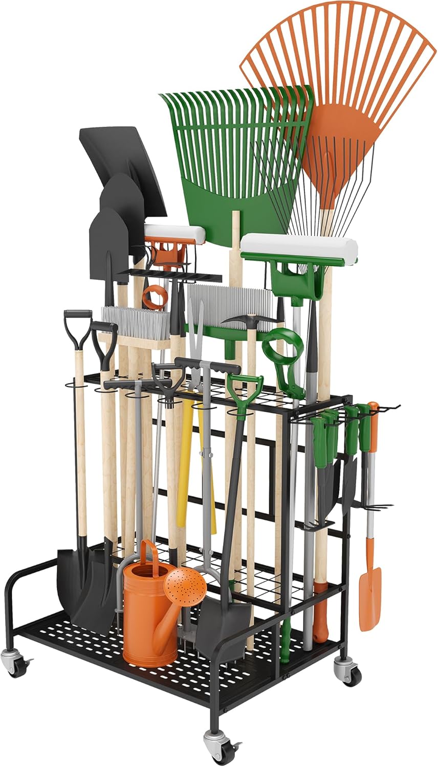Garden Tool Organizer Rack with Wheels Up to 39 Tools, Heavy-Duty Steel Yard Tool Organizer for Garage Storage with 12 Hooks, Broom Holder & Garden Tool Rack for Shed, Patio, Outdoor Use, Black