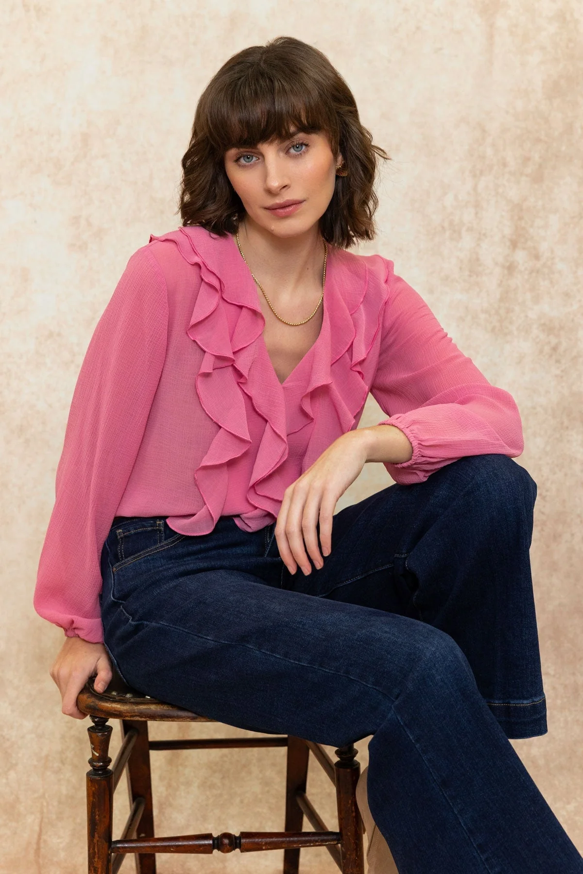 Pink Long Sleeve Flounced Blouse