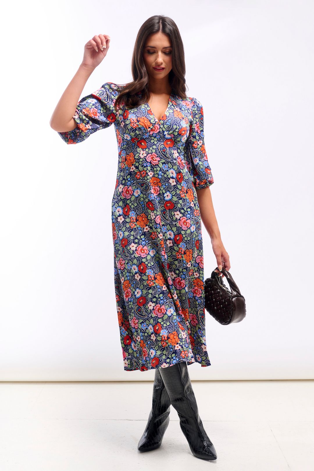 Needs No Label Multicoloured Floral Satin Midi Dress