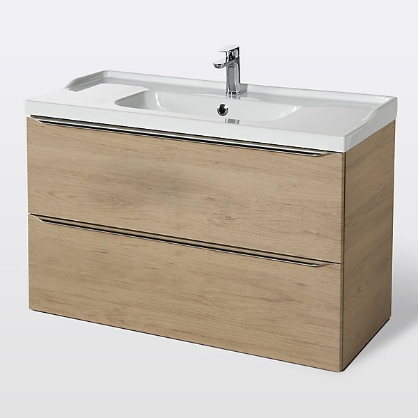 Meuble vasque suspendu effet chêne l.100 cm Imandra   plan vasque blanc céramique Lana, GoodHome