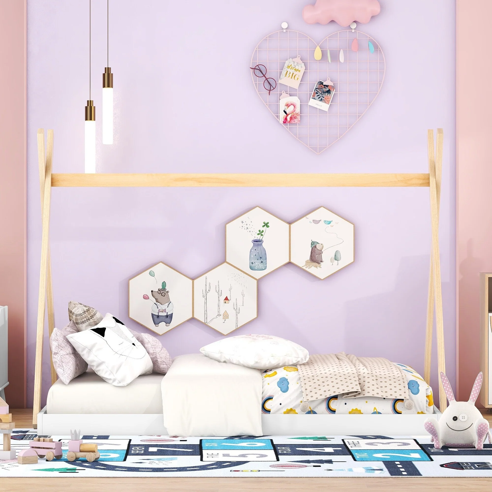 Wooden Full Tent Floor Bed for Kids with Natural Finish and Play Space