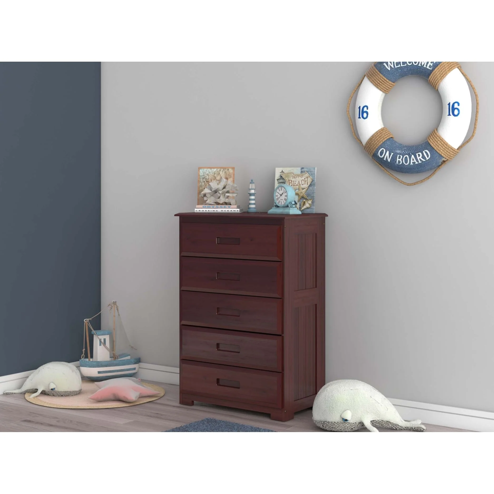 OS Home and Office FurnitureModel Solid Pine Five Drawer Chest in Rich Merlot