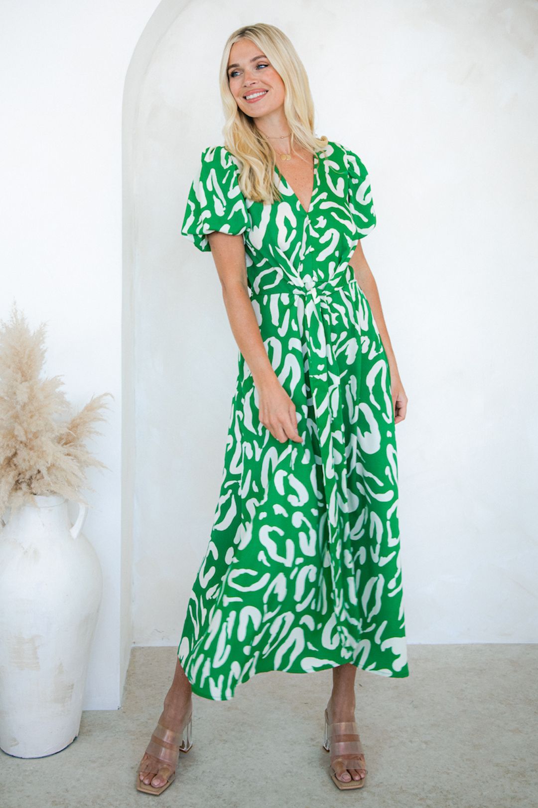 Needs No Label Green Animal Tie Front Midi Dress