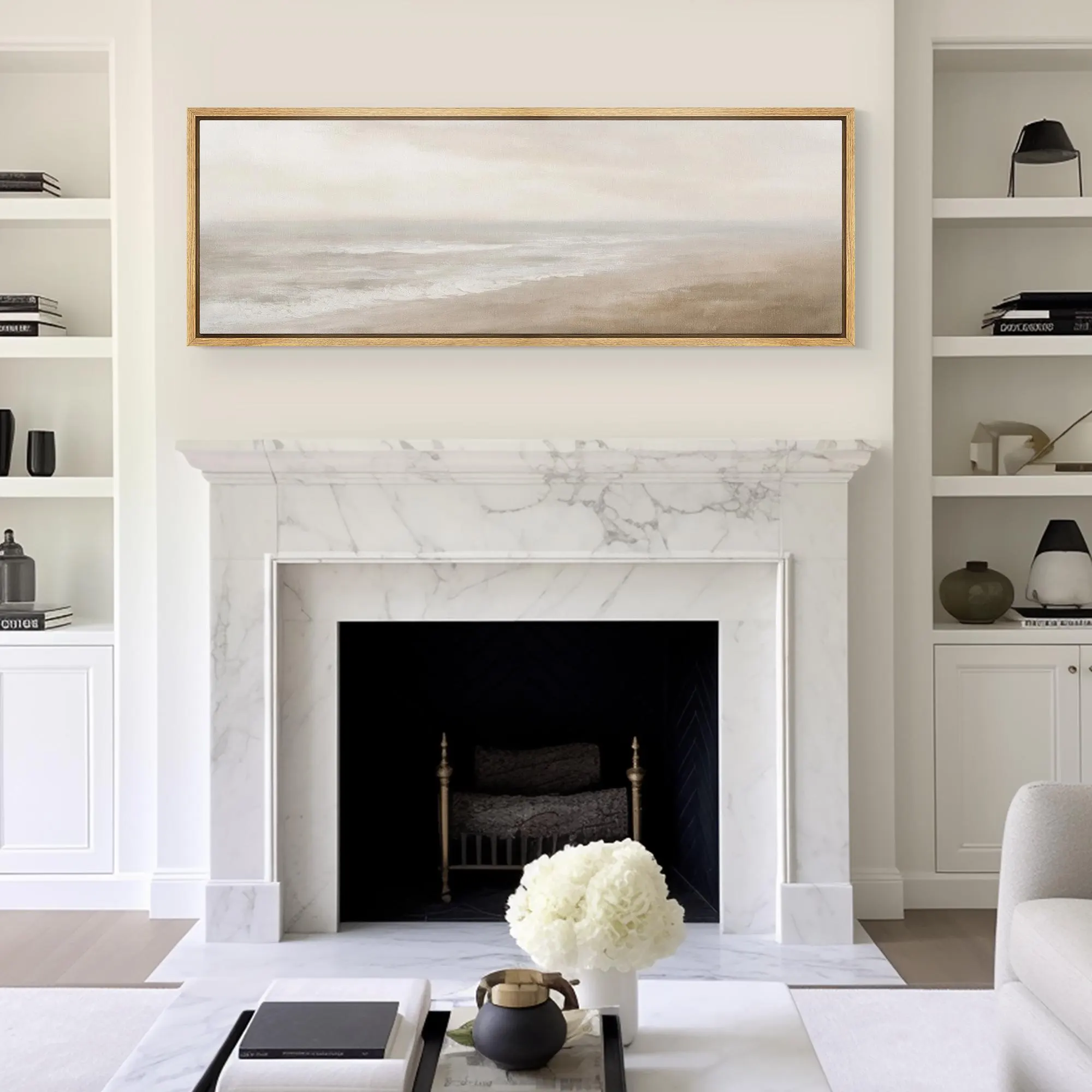 Minimalist Ocean Wall Art, Large Framed Neutral Beach Landscape Canvas Print, Serene Coastal Decor for Calm Bedroom or Living Room
