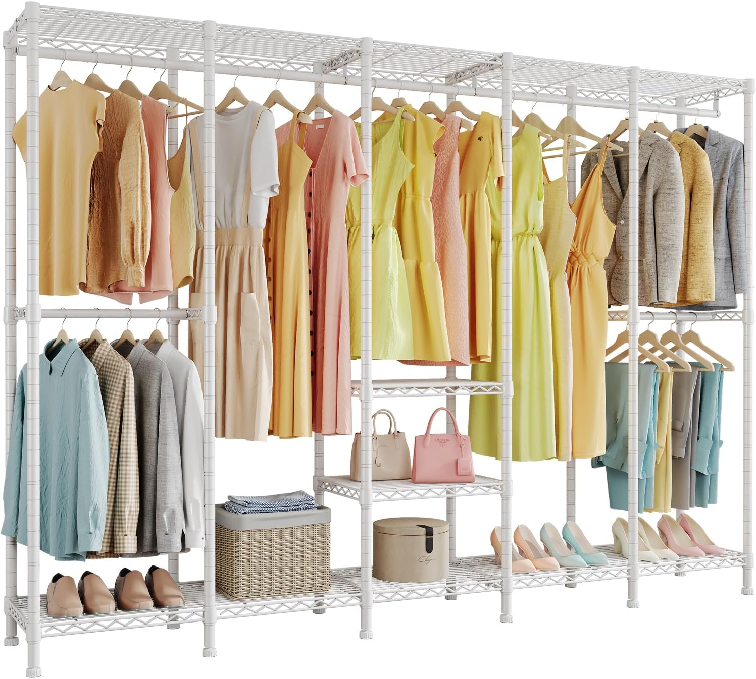 H5 Extra Large Heavy Duty Clothes Rack, Wire Garment Rack, Freestanding Clothing Rack for Hanging Clothes, Wardrobe Closet with Adjustable Shelf, 93.3 Wx15.7 Dx75.4 H, White, Load 1400 lbs