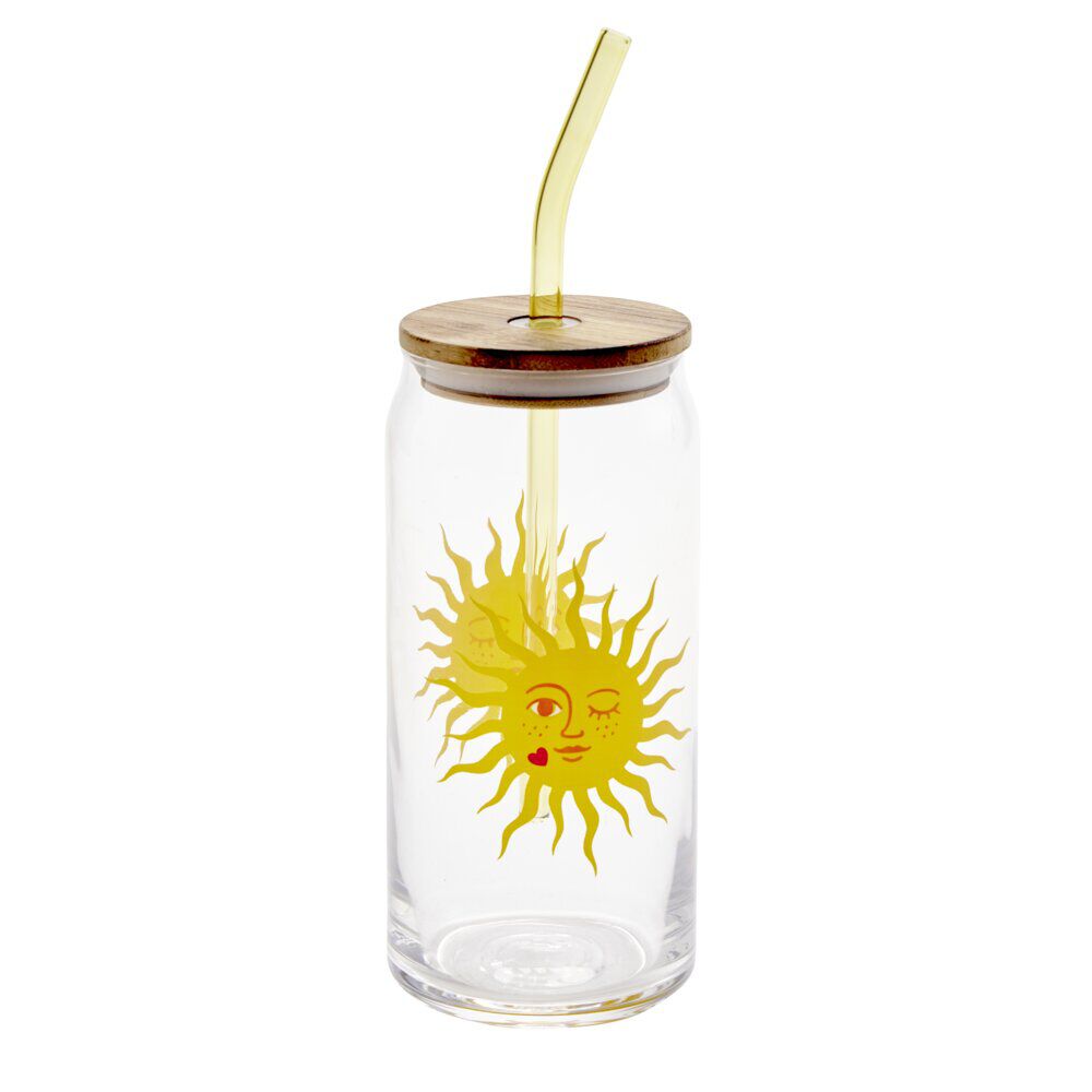 Gobelet en verre motif tropical avec paille et couvercle bambou 600ml (3 modèles)