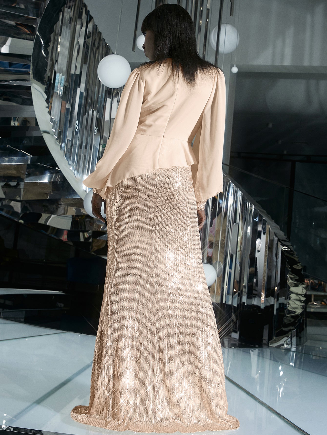 Sequin Balloon Sleeve Spliced Peplum Dress