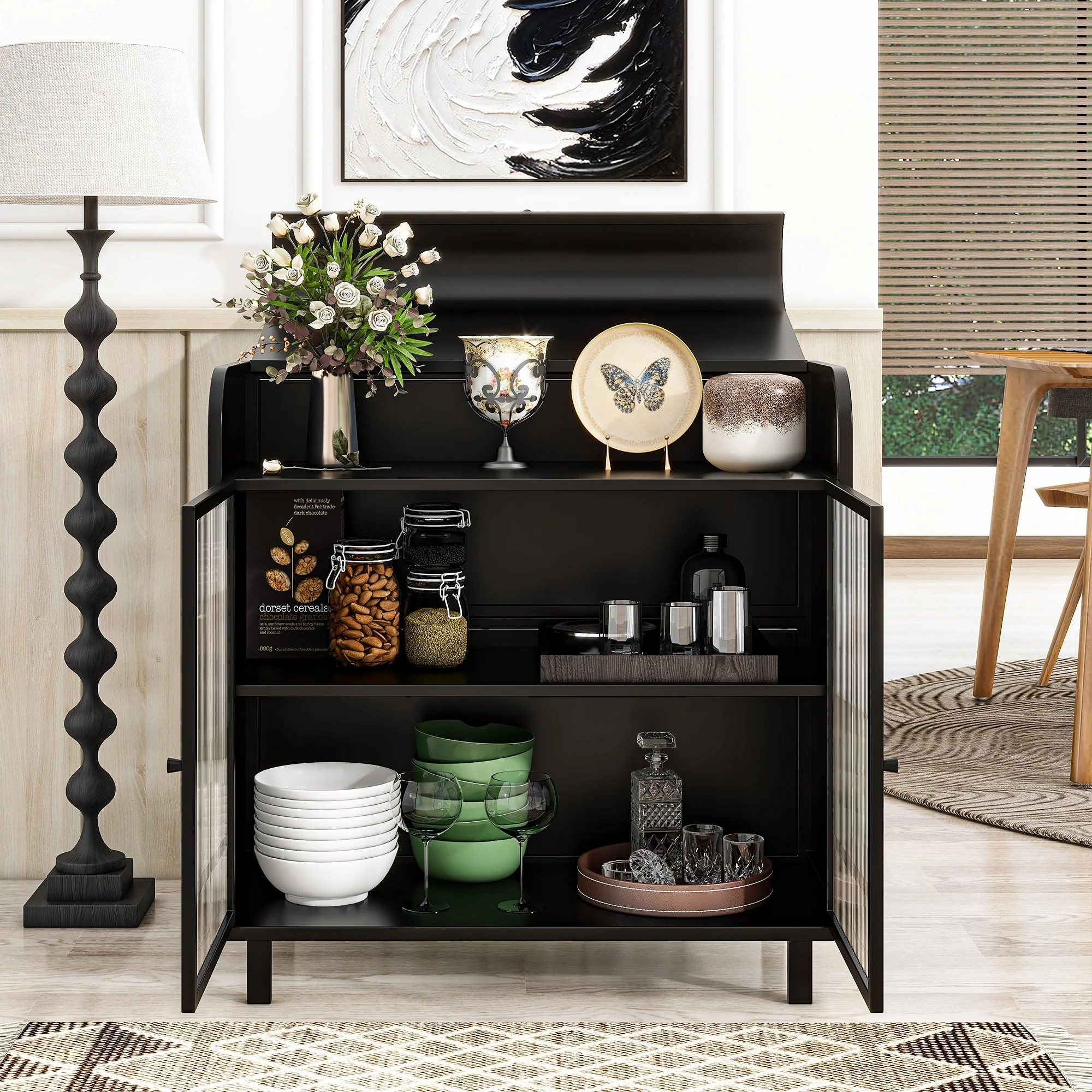 Modern Sideboard Buffet Cabinet with Tempered Figured Glass Doors, Flip Top, Inner Shelves, Metal Frame Storage Console