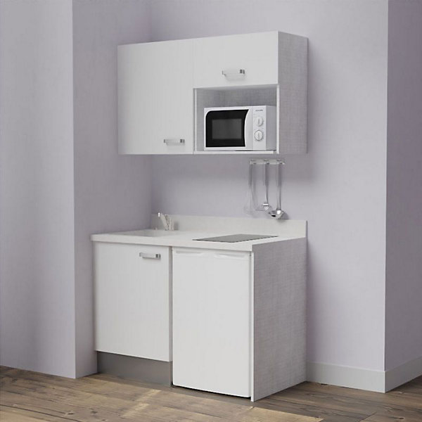 Kitchenette K07 - 120 cm - façades Blanc - Plan monobloc en quartz coloris Snova évier à gauche
