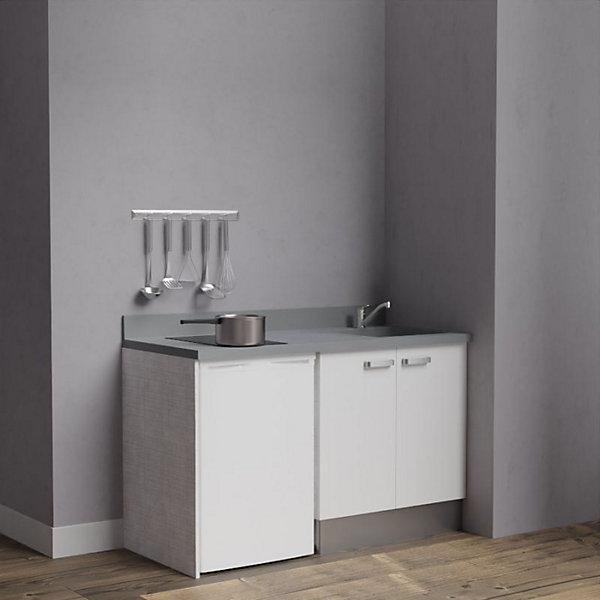 Kitchenette K17 - 140 cm - façades Blanc - Plan monobloc en quartz coloris Cromo évier à droite