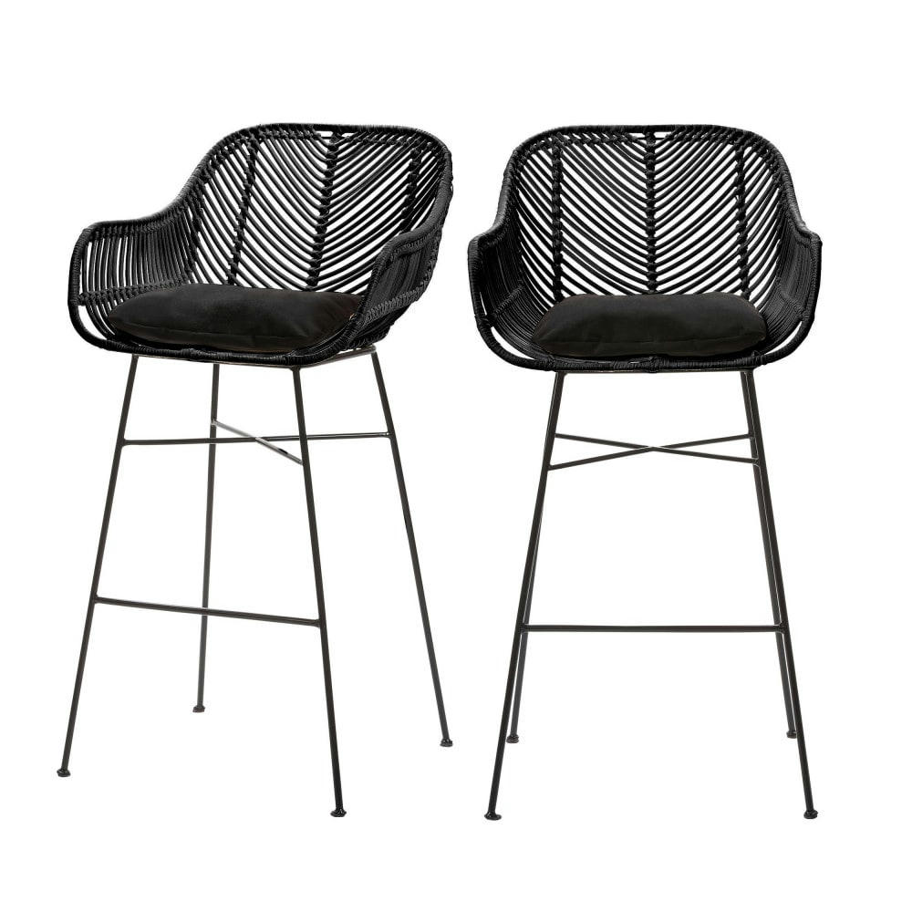 NUNUHAI - Lot de 2 tabourets de bar en rotin 68cm noir