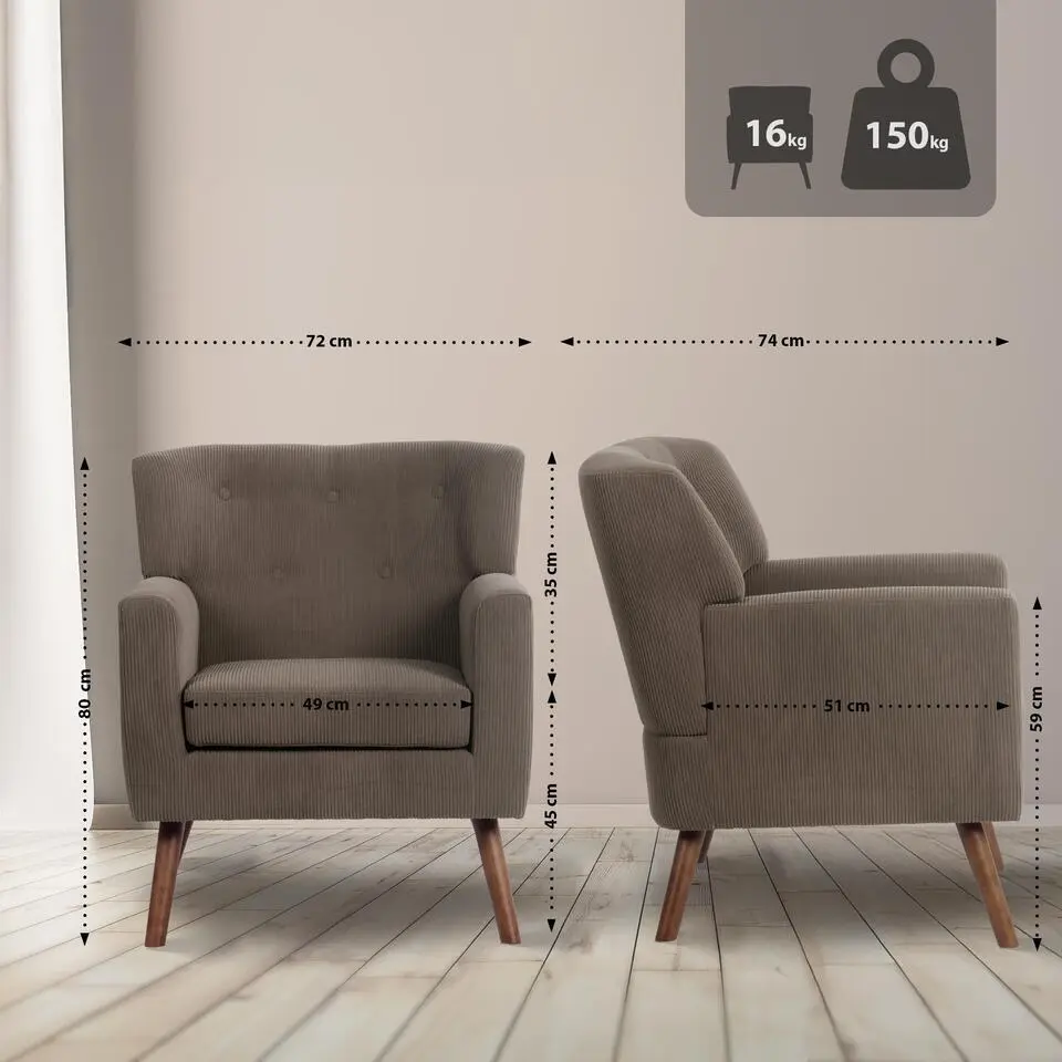 CLP Fauteuil Kioni bruin Frame - Ribstof - donkerbruin