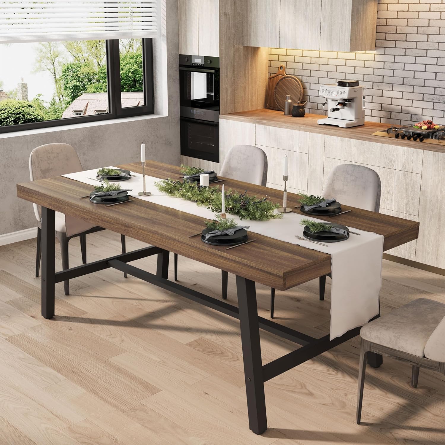 GarveeHome Industrial Dining Table for 6-8 People, 70.87 Long Large Kitchen Table with Sturdy Metal Frame, Rectangular Counter for Dinner, Kitchen, Dining Room (Brown, 71 Non-extendable)