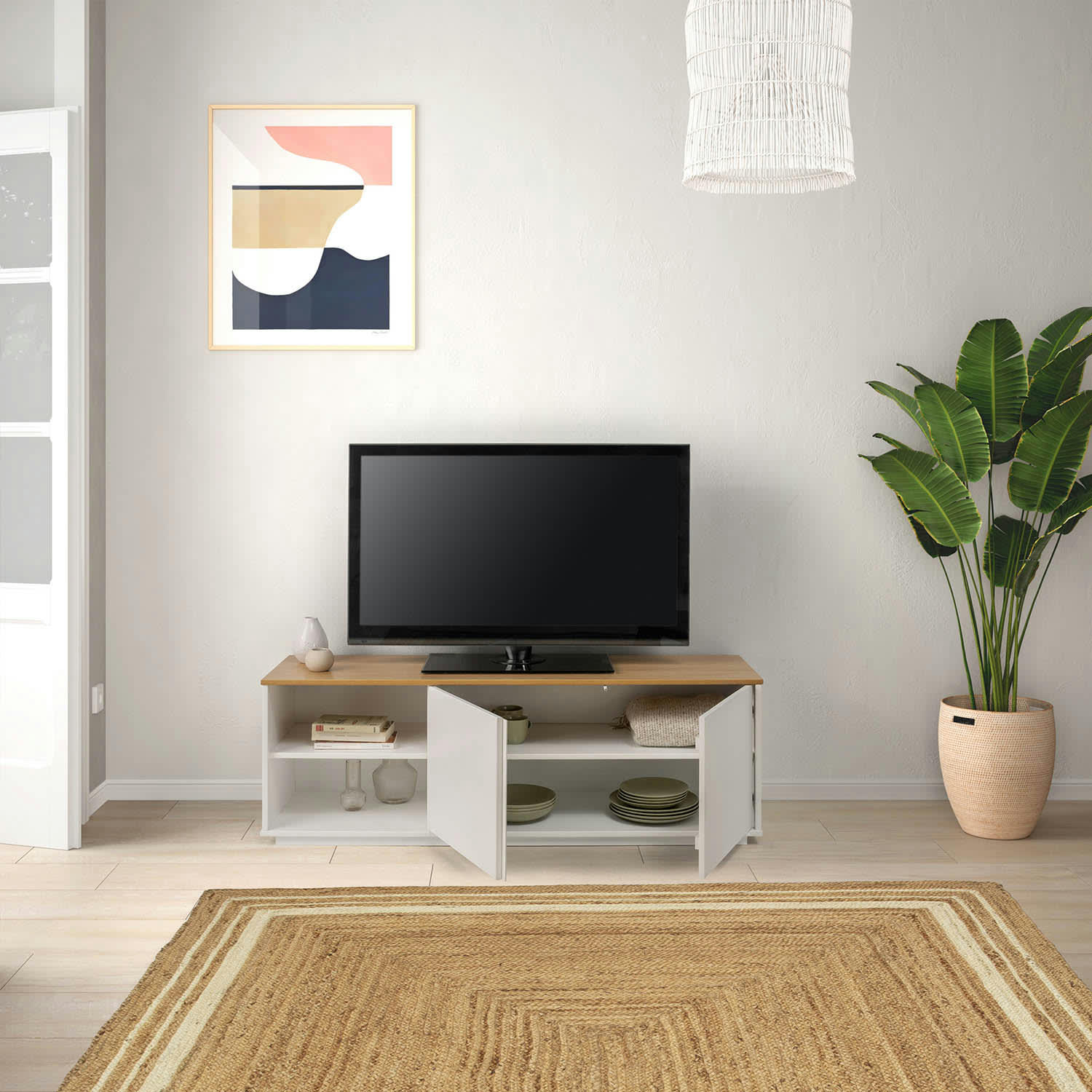 BOB - Meuble tv 2 Portes 2 niches blanc/chêne, bois massif