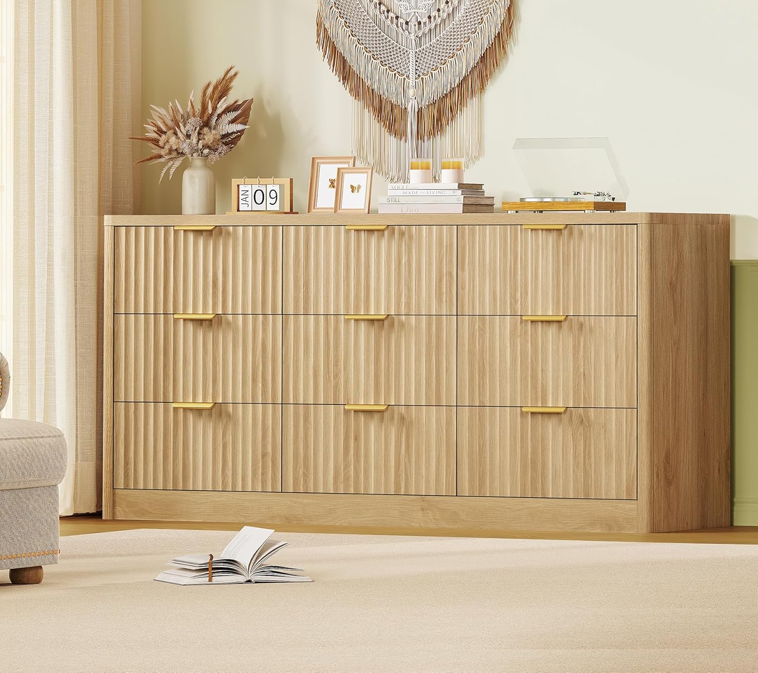 TEENFON Fluted Dresser for Bedroom with 9 Drawers, 63 Wide Modern Chest of Drawers with Metal Handle & Curved Profile Design, Wood Closet Clothes Storage Organizer for Living Room, Hallway, Natural