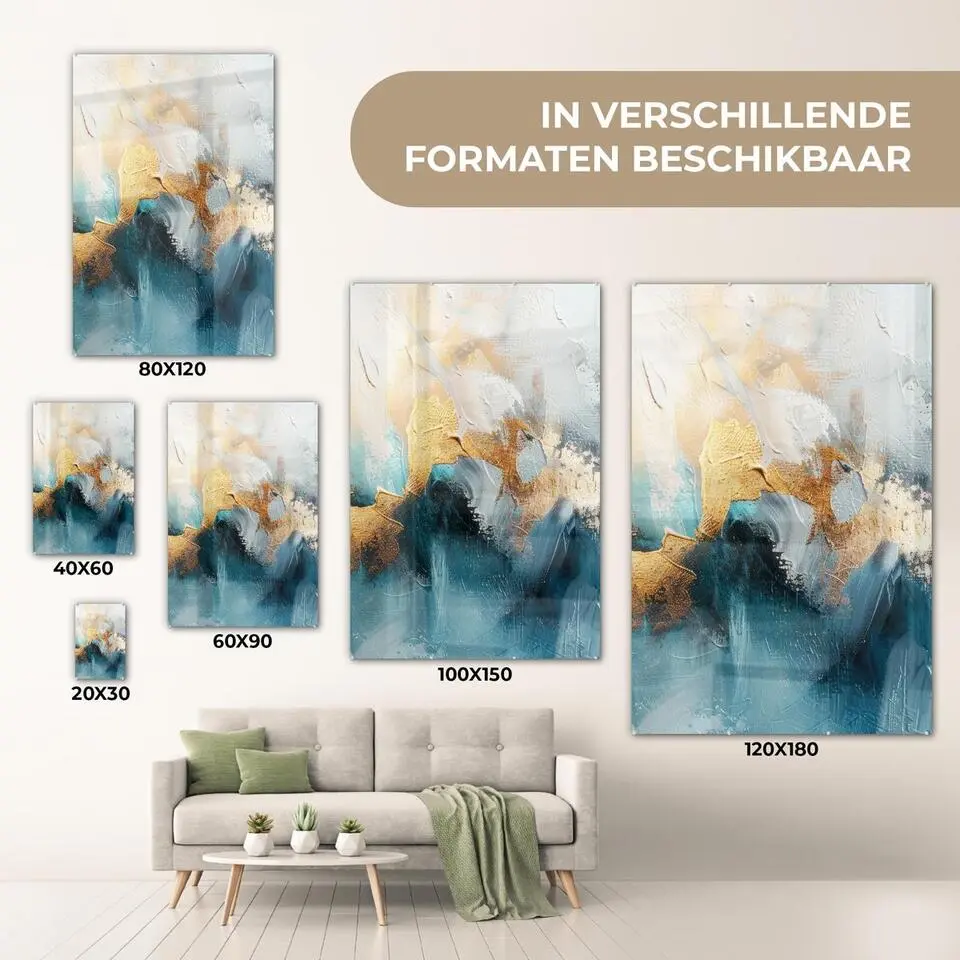 MuchoWow Glasschilderij 60x90cm Abstract Kunst Gold Blauw