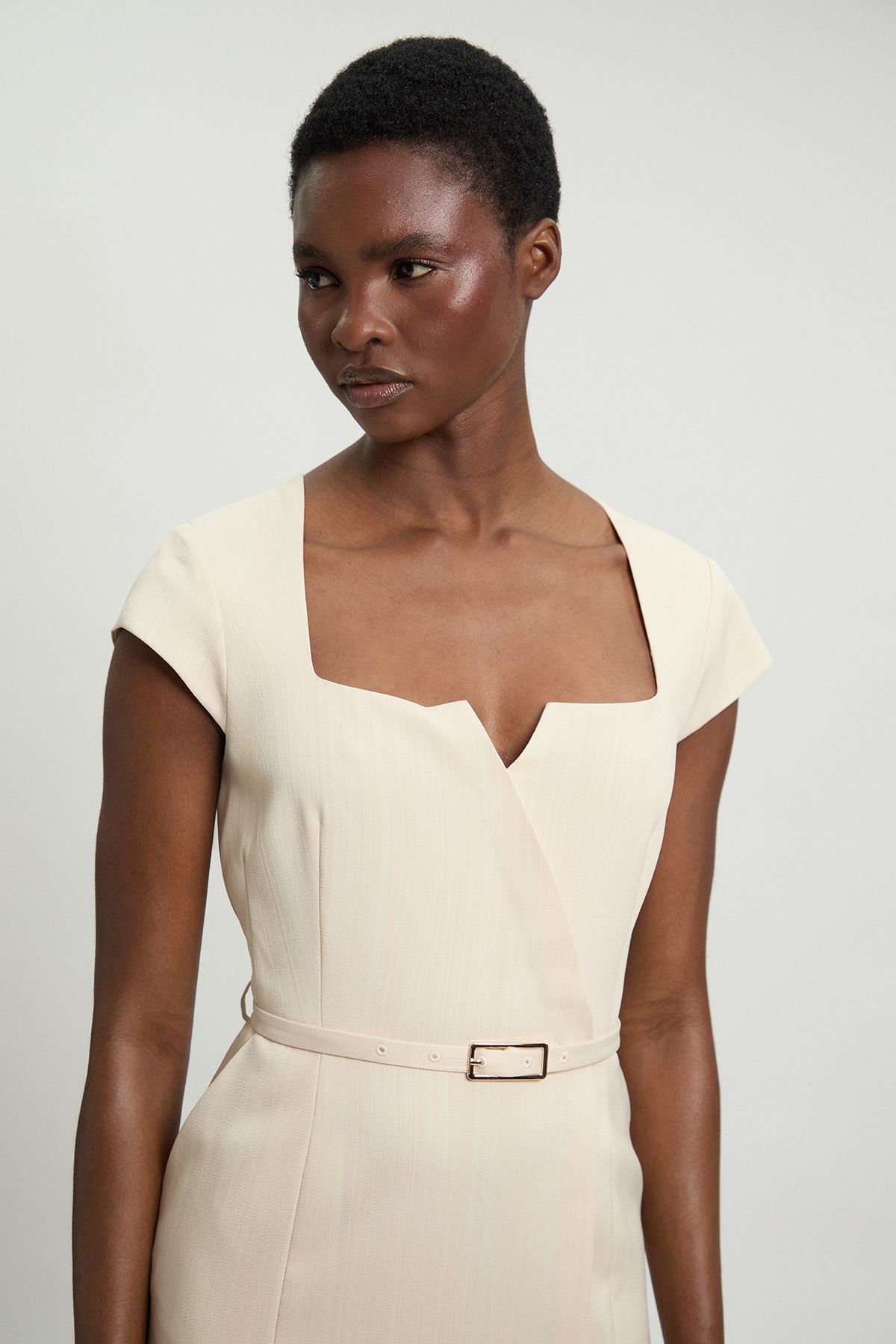 KarenMillen Viscose Blend Belted Square Neck Tailored Pencil Dress