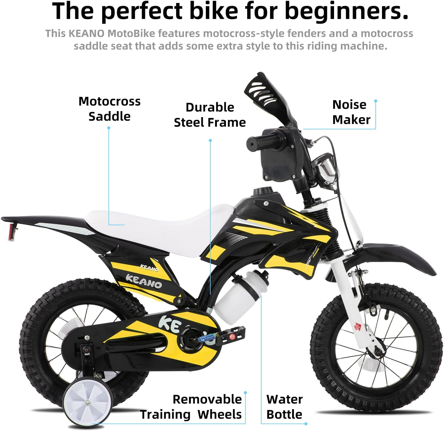 KEANO Motocross Style Kids Bike for Boys Girls Ages 3-7 Years, 12 & 16 Inch Bikes with Training Wheels and Number Plate, Children Bicycles Black