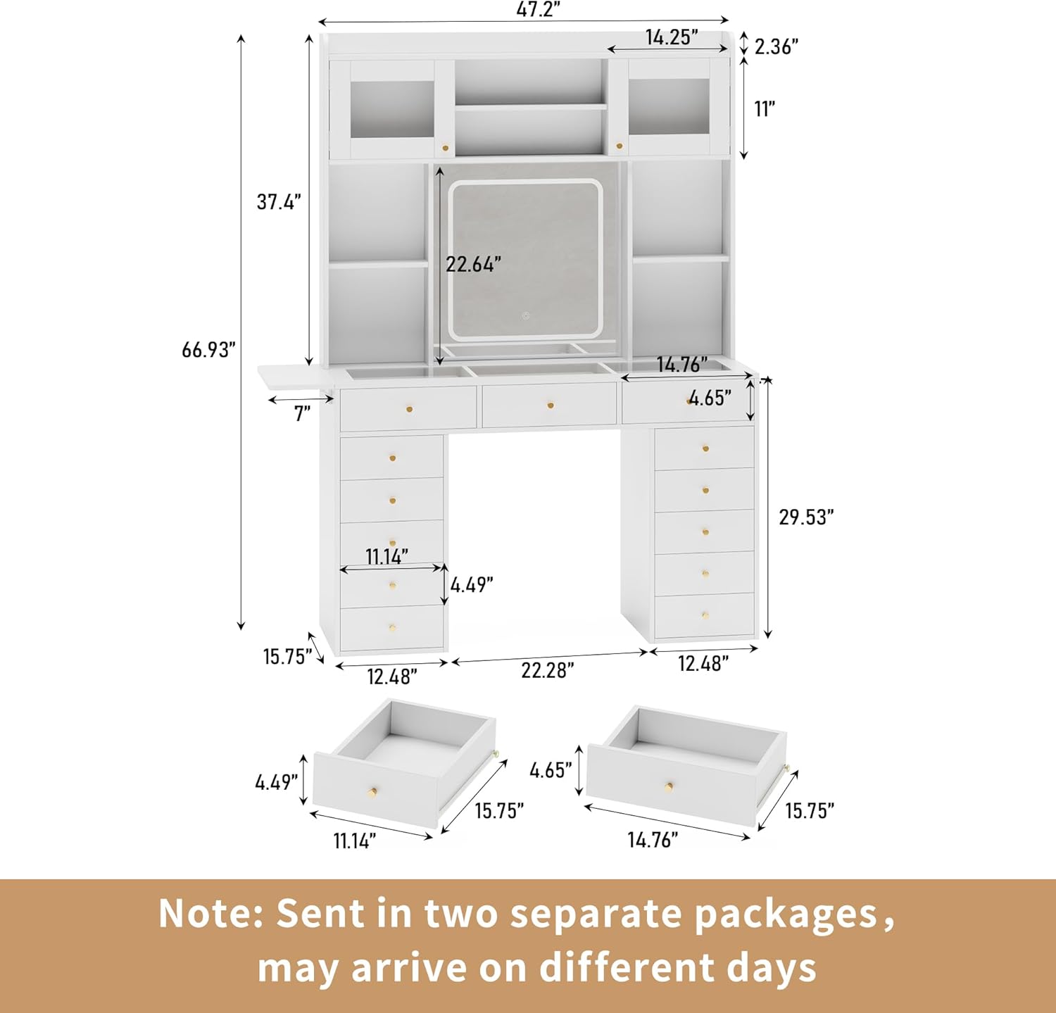 Vanity Desk with Mirror and Light, 47.2''W White Makeup Vanity with Glass Top and 13 Drawers, Fold-up Panel, Modern Vanity Table Set with Stool for Women Girls