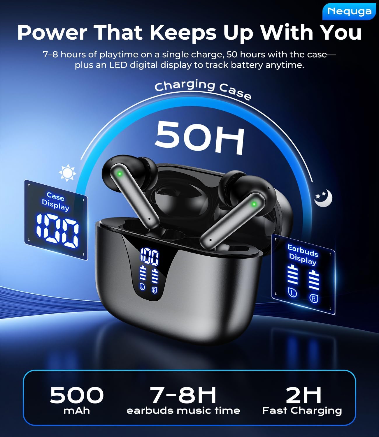 Wireless Earbuds Bluetooth Headphones, 50H Playtime Ear Buds with Mic, LED Digital Display Charging Case, IPX7 Waterproof, Deep Bass Stereo, in-Ear Earphone for iPhone Andriod Phone - Ink