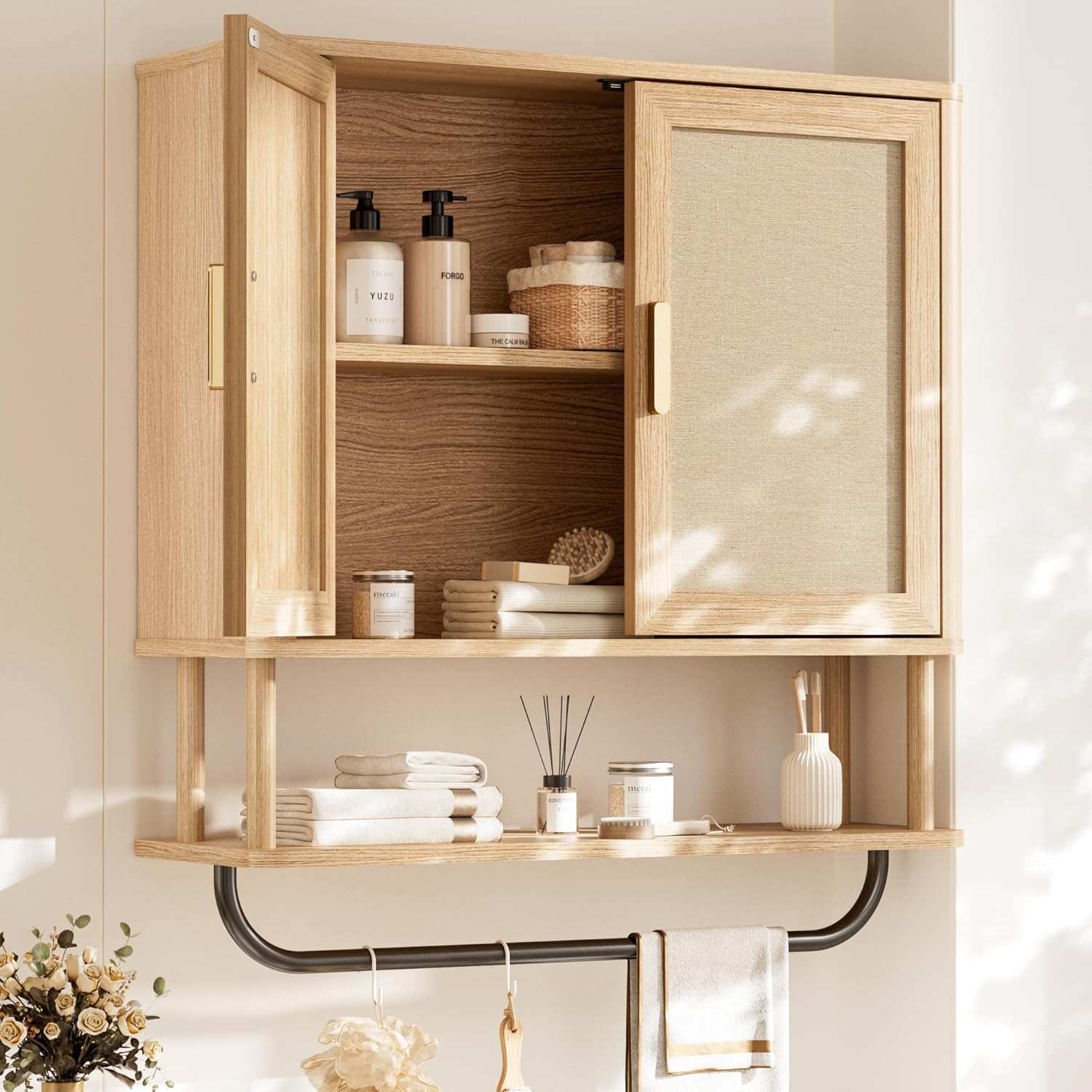 INNOD Rattan Bathroom Wall Cabinet with Towel Bar, Wall-Mounted Medicine Cabinet with Adjustable Wood Shelf & Doors, Over The Toilet Storage Cabinet for Laundry Room & Kitchen & Living Room