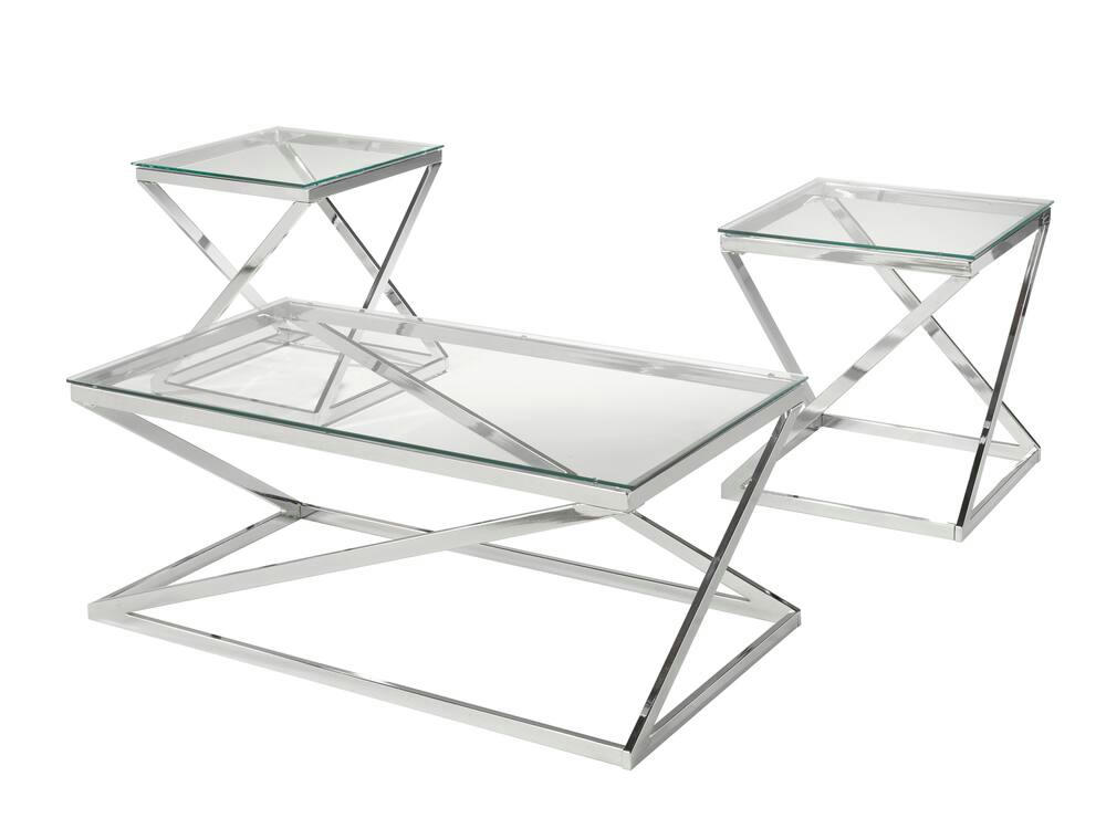 Brassex Casper Contemporary Coffee Table Set with Tempered Glass Top, Chrome, 3-pc