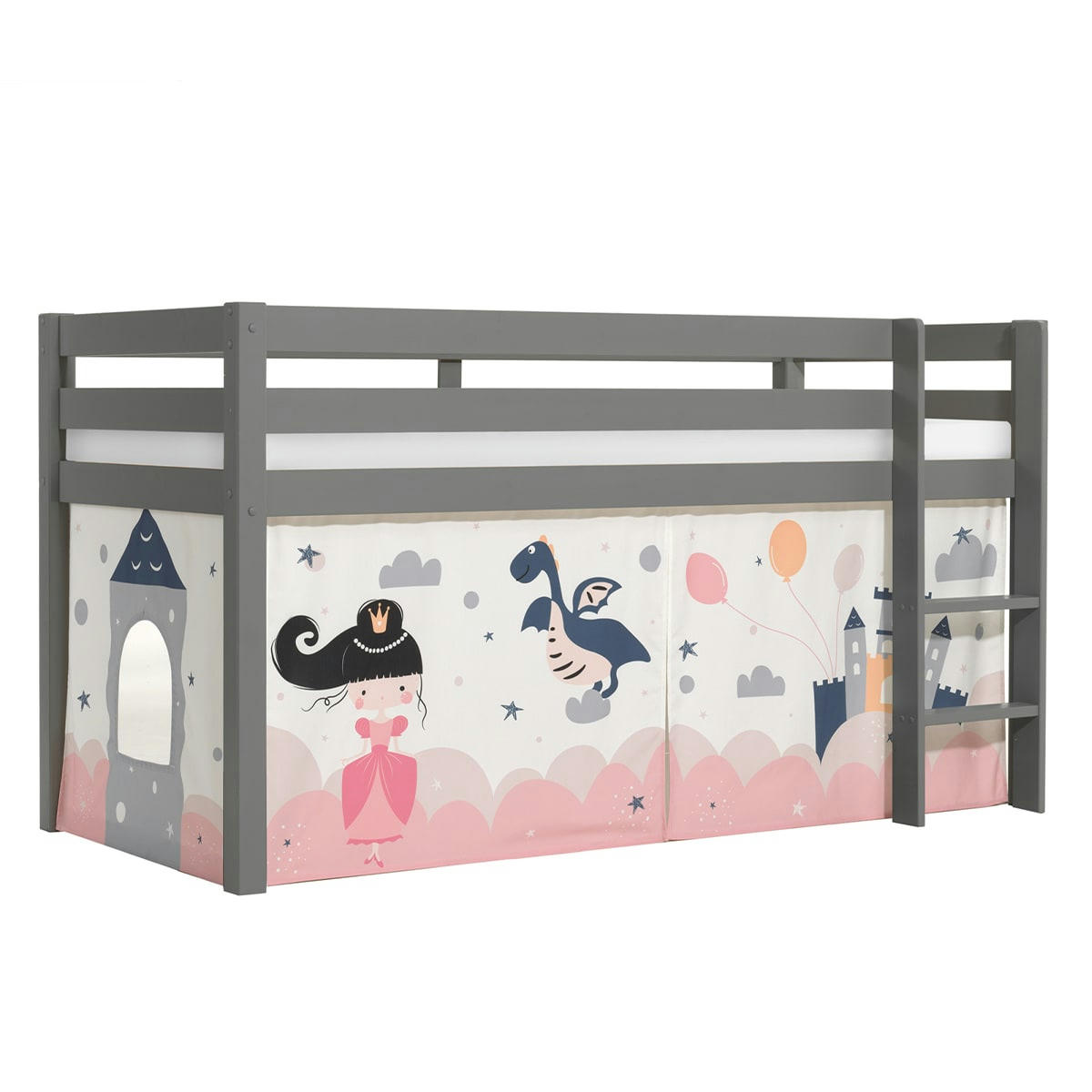 PINO - Lit mi-hauteur 90x200 sommier inclus housse fairy gris