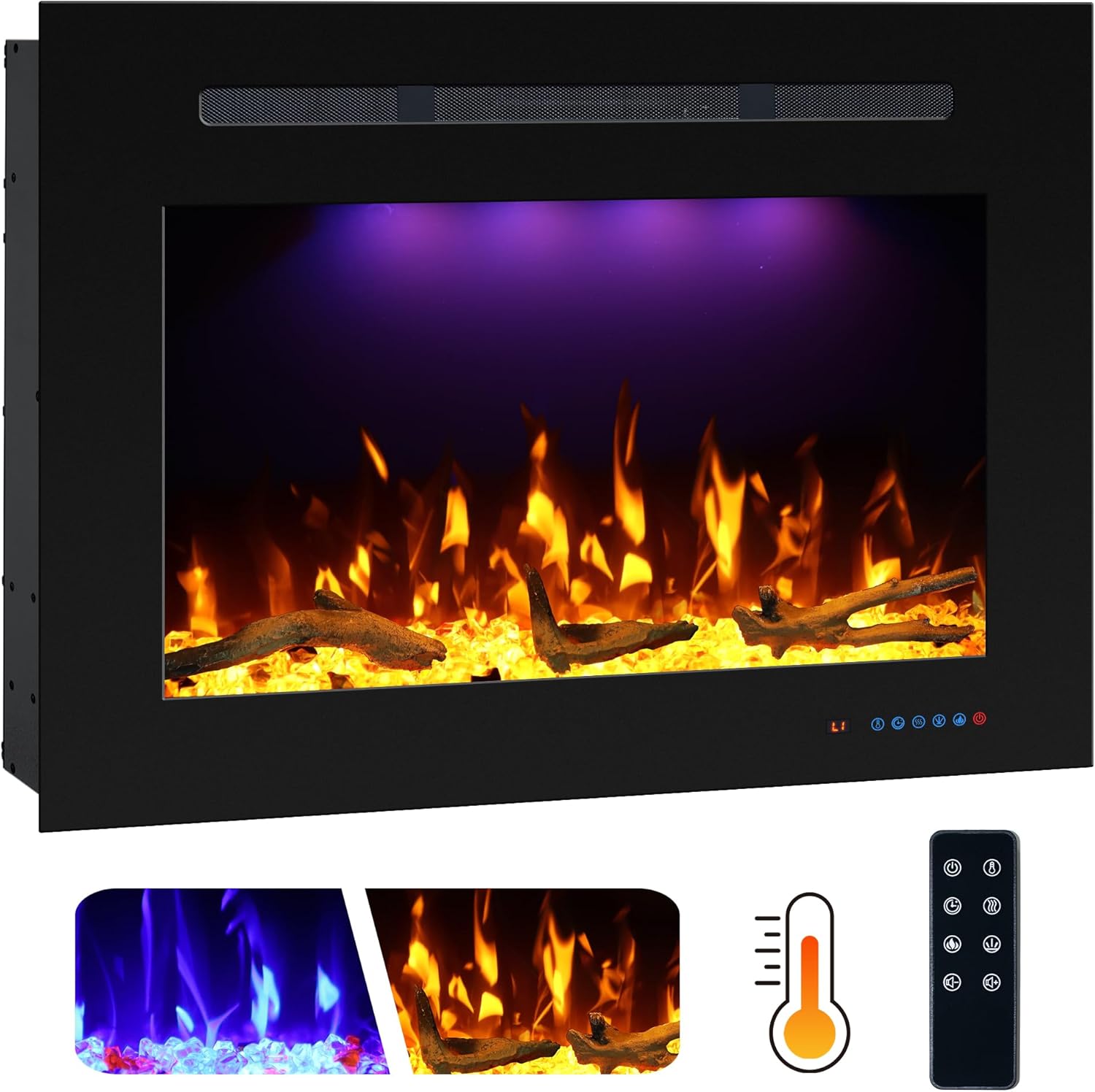 Prismaster 32.23 W x 26 H Rear Electric Fireplace Insert with Crackling, Fireplace Heater with Adjustable Flames, 62-99℉ Thermostat,Only Recessed