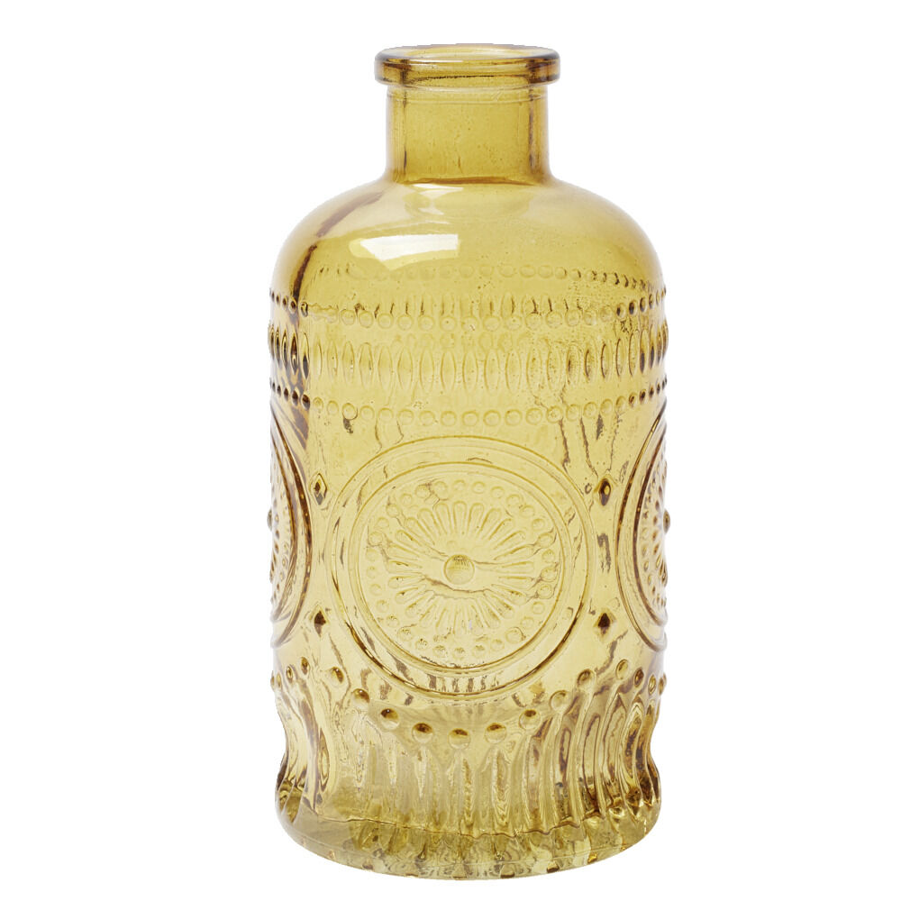 Vase verre coloré forme bouteille décor relief Ø6xH13cm (3 modèles)