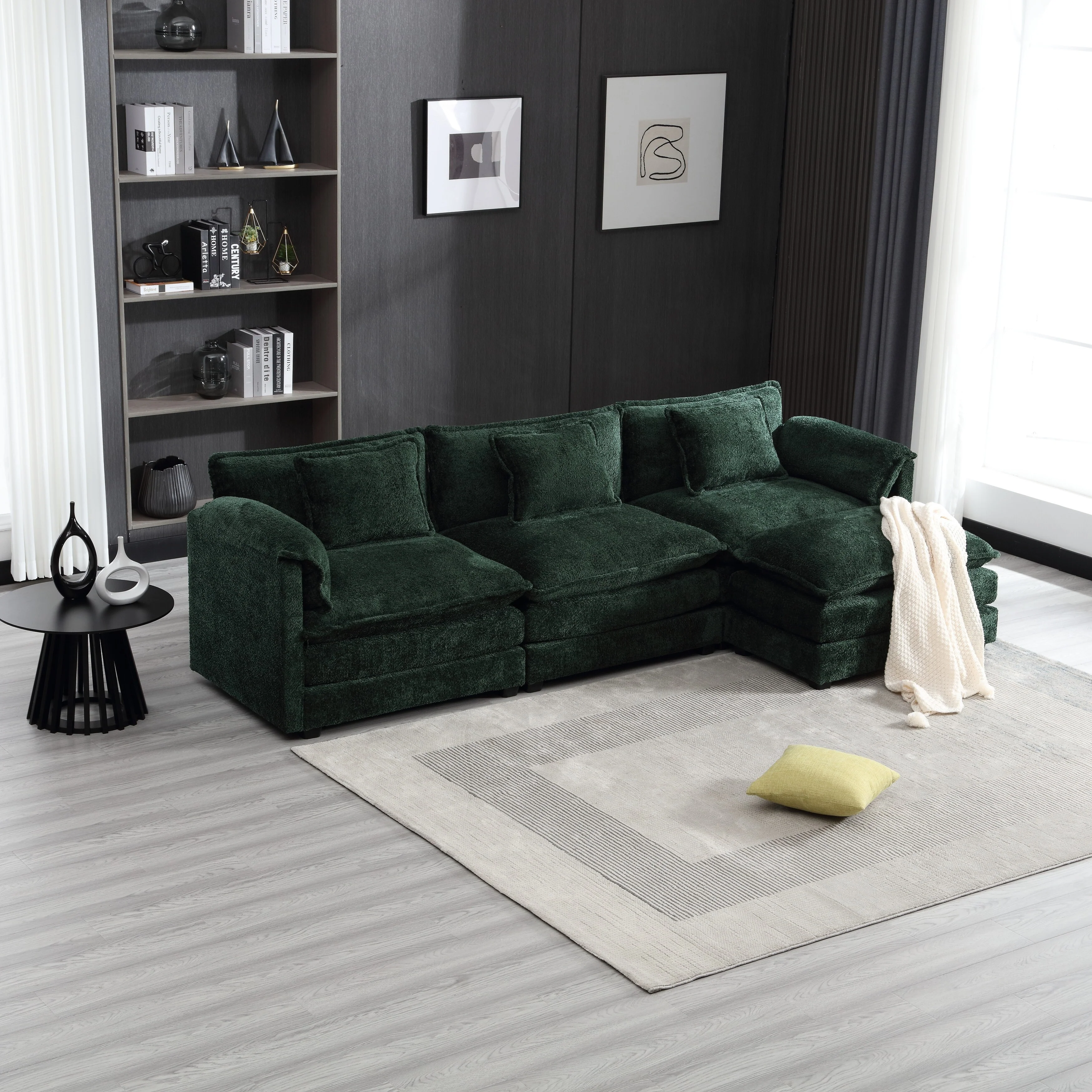 Green 112.2'' L-Shaped 4-Seater Sectional Sofa in Modern Boucle Fabric with Removable Cushions and Detachable Armrests