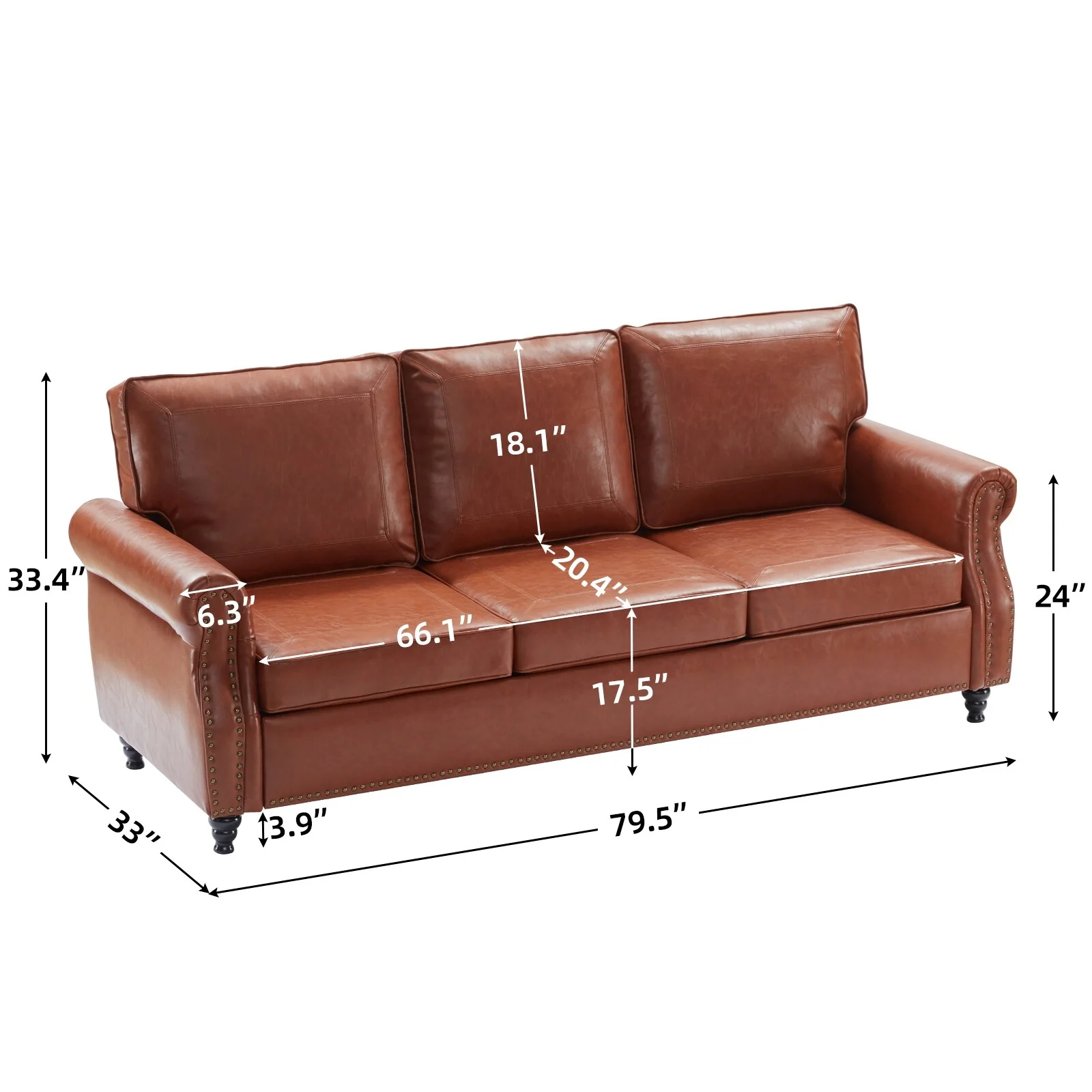 Brown+Tan 79 Faux Leather 3-seater Rolled Arms Sofa with Nailhead and Wood legs for Living Room