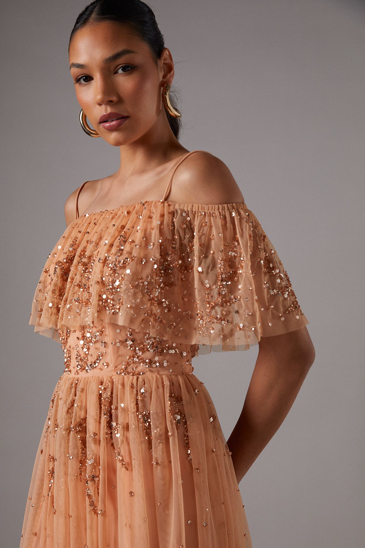 Coast Sequin Mesh Midi Dress With Flutter Sleeves