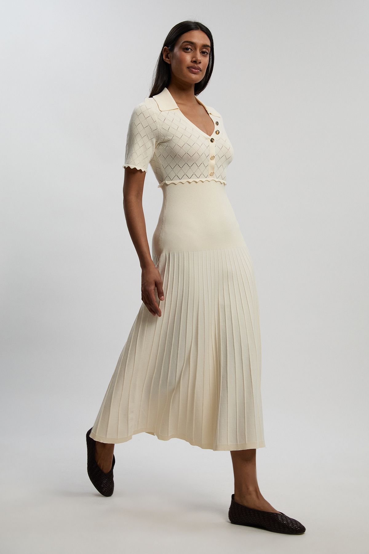 KarenMillen Petite Knit Stitch Detail Rib Collared Short Sleeve Midi Dress