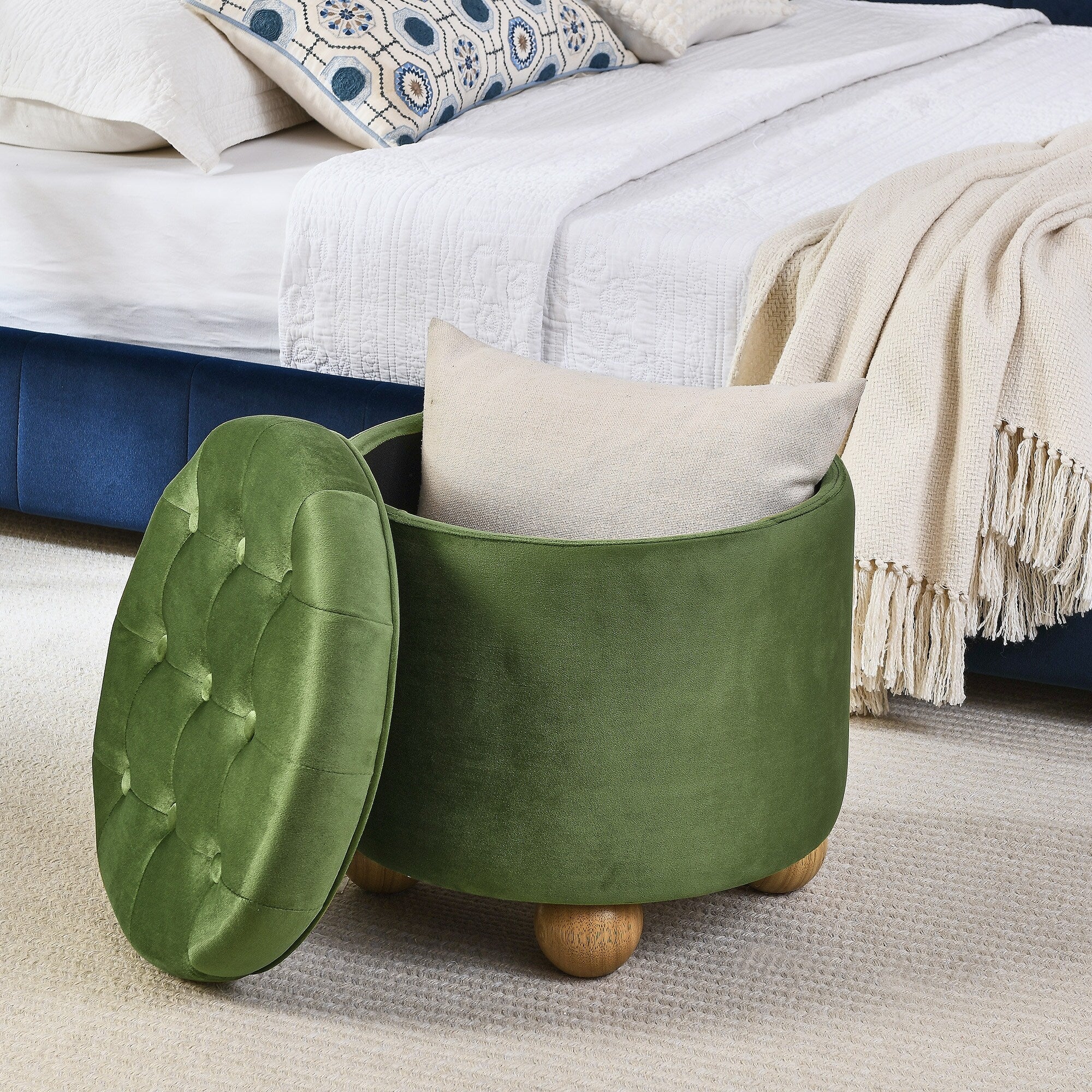 Round Storage Ottoman, multifunctional round flannel button Ottoman, lid can be turned over as a table top, with storage space