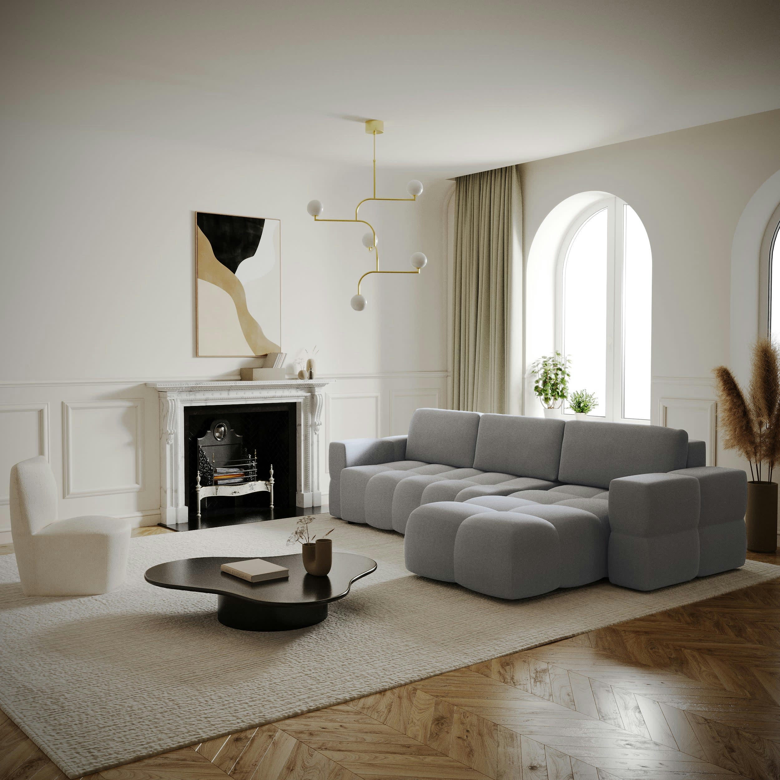 GABRIEL - Canapé d'angle droit convertible coffre tissu tramé gris 260x180cm