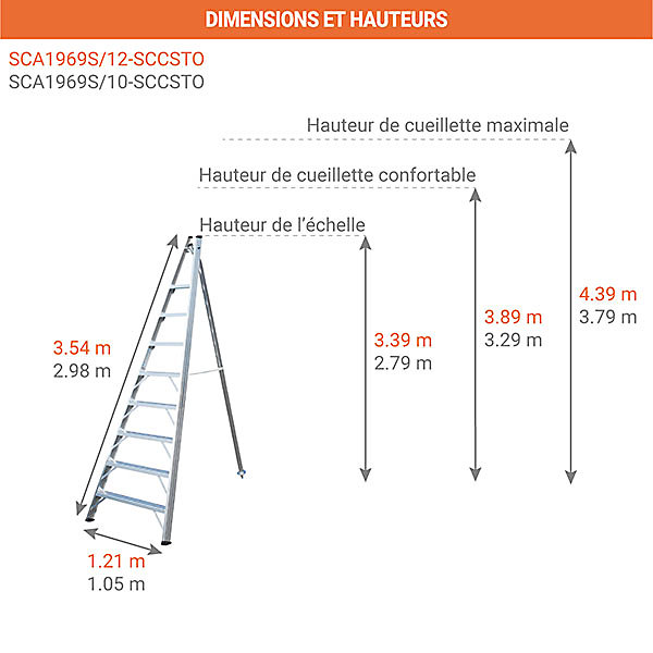 Echelle fruitière 10 barreaux sans pointe - Hauteur cueillette max. 3.79m - SCA1969S/10-SCCSTO