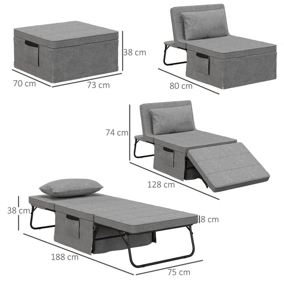 Klappbett, 4-in-1, LxBxH: 188x75x38 cm, grau