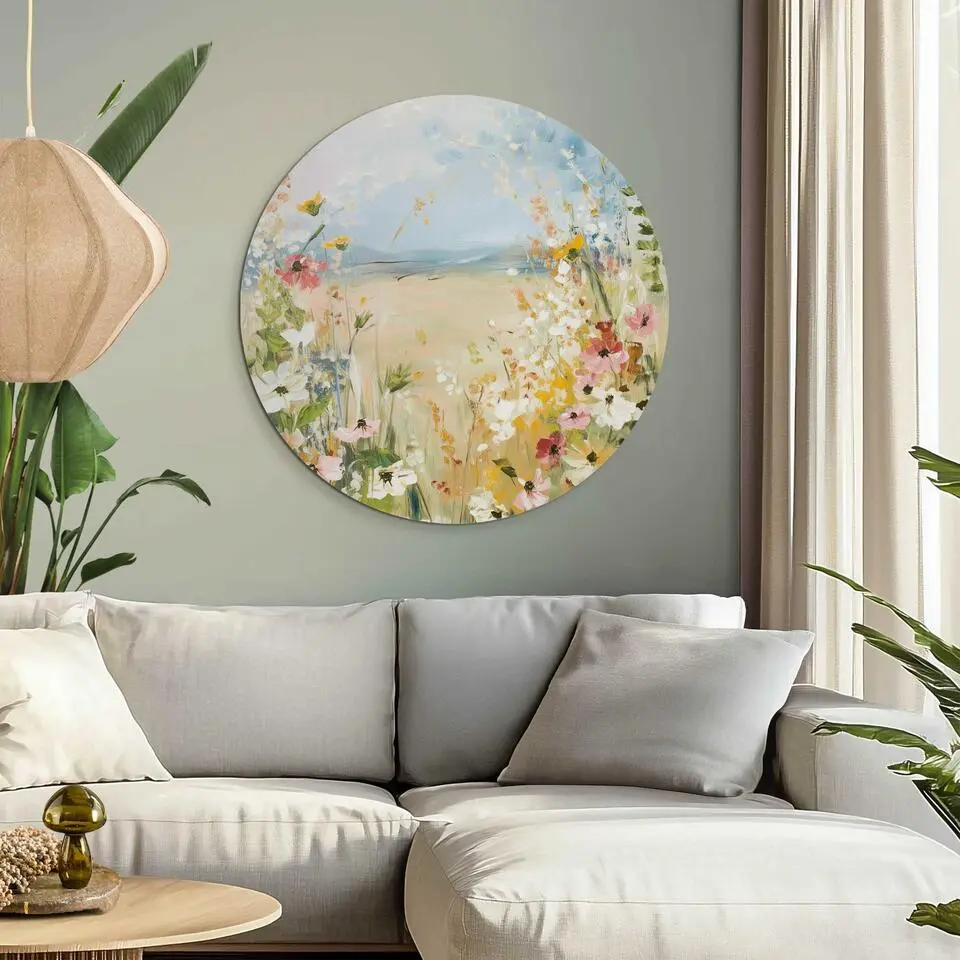 Glasschilderij Veld in bloei - &Oslash; 70 - Beige