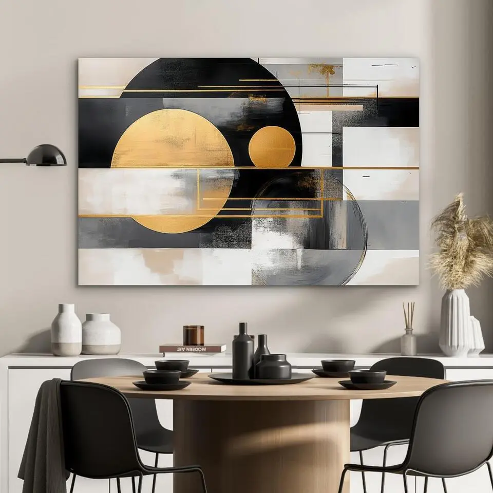 MuchoWow Aluminium Schilderij 120x80cm Abstract Goud Zilver Vormen