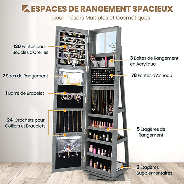 Armoire à Bijoux avec Miroir, Organisateur Chambre Pivotante, Coffre Bijoux pour Maquillage, Habillage, Turquoise